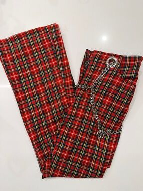 Miaou Red Tartan Ankle Pants with Chain Detail